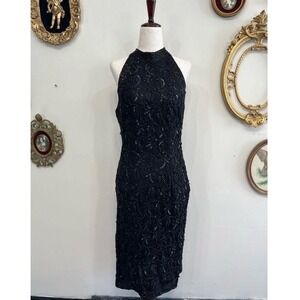 Vintage Judith Ann Creations Black Beaded Lace Halter Midi Dress